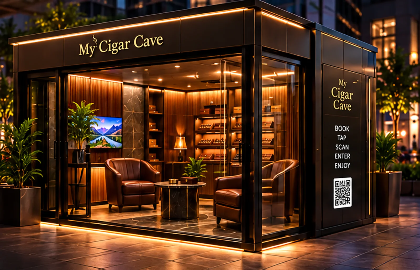 A My Cigar Cave private lounge glowing at night, club chairs and a cedar humidor behind the glass